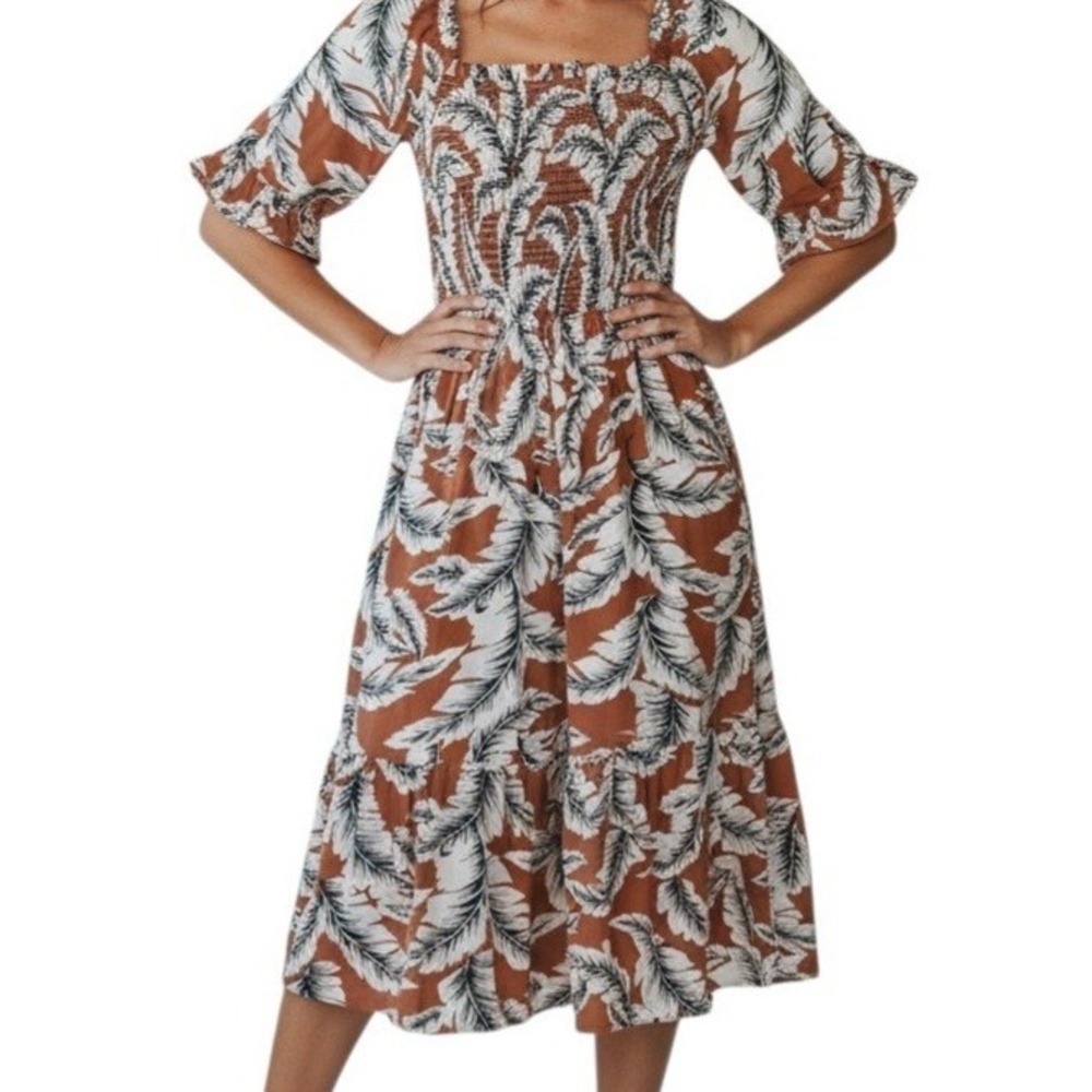 Lipslide Tropical Palm Leaf Smocked Midi Dress XL Sienna White Tiered Boho Boho